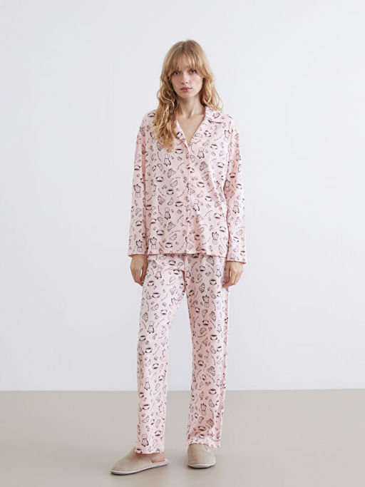 G?mlek Yaka Desenli Kad?n Pijama Tak?m?
