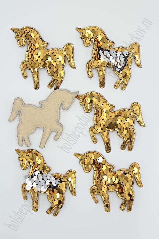 Патч 3D, с двухсторон. пайетками "Единорог" 6*5 см (10 шт) SF-1888, золото