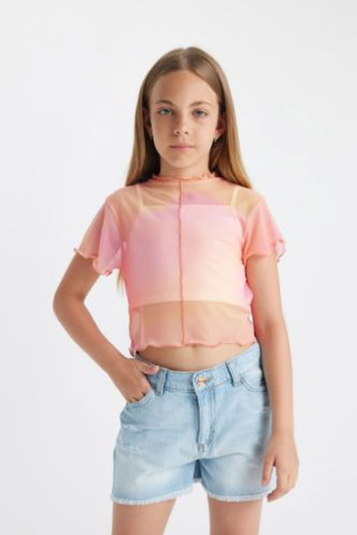 K?z Cocuk Crop Bisiklet Yaka Degrade Bask?l? Tul K?sa Kollu Tisort Atlet 2li Tak?m