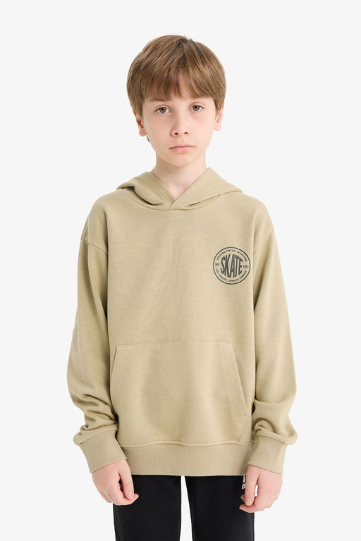 Regular F_t Kap__onlu Pamuklu Bask_l_ Okul Sweatshirt Erkek _ocuk - Defacto фото 3