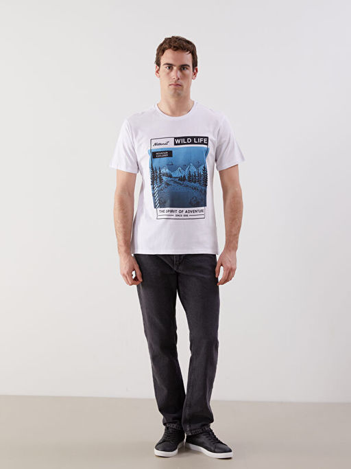 Bisiklet Yaka K?sa Kollu Bask?l? Penye Erkek Ti??rt