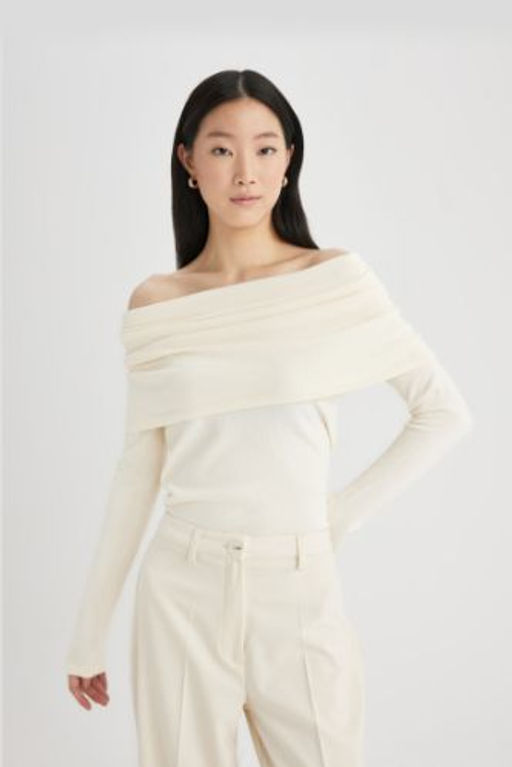 Fitted Ac?k Omuz Basic Duz Triko Kazak