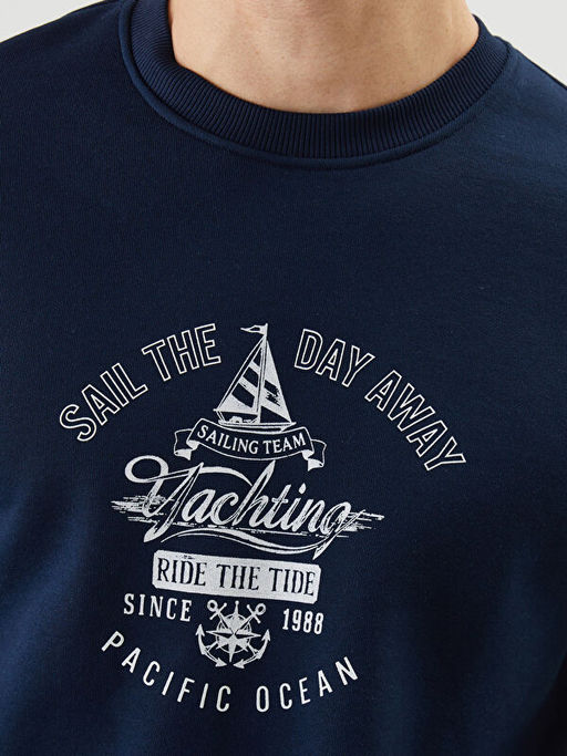 Bisiklet Yaka Bask?l? Erkek Kal?n Sweatshirt