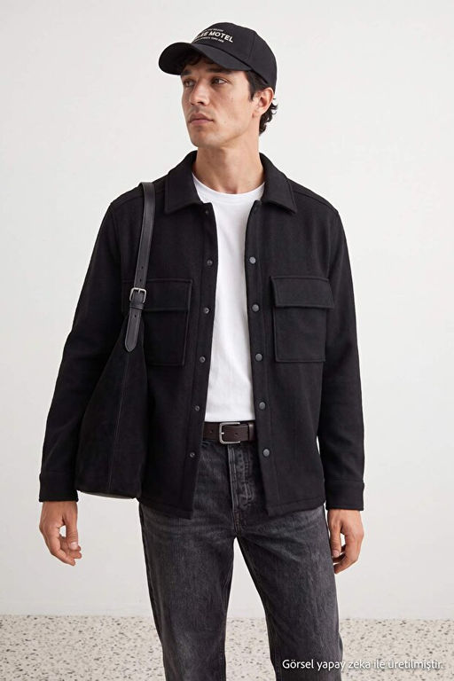 Siyah Regular/Normal Kesim __t__t ve Cep Detayl_ Polo Yaka G_mlek/Ceket TMNAW27GO00009