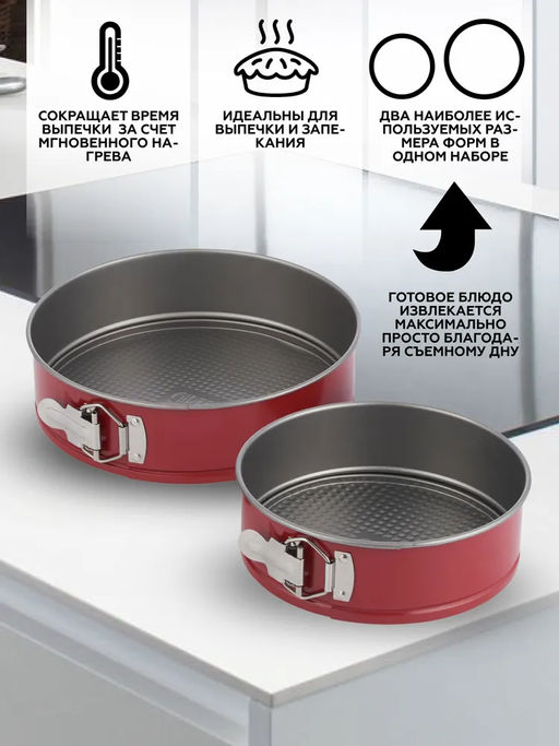 51056 GIPFEL Набор из 2 разъёмных форм для выпечки KAPRI 24x6,5см и 24x6,5см с антипригарным покрытием. Материал: углеродистая сталь. Цвет: красный/серый.  фото 10