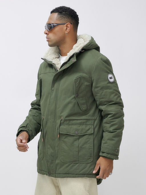 Парка мужская зимняя удлиненная с мехом цвета хаки 2606Kh