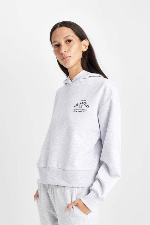 Женская серая толстая толстая толстовка обычного кроя с капюшоном и принтом - Defacto фото 4