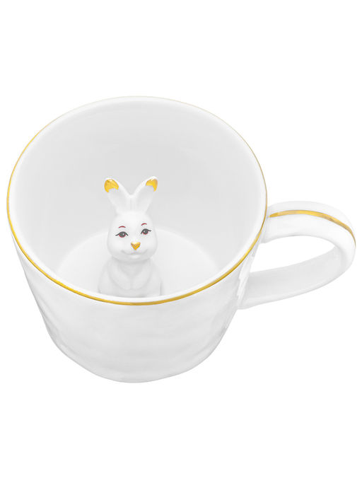 Кружка 300 мл 14*10*7,5 см "Любопытный кролик внутри кружки" белый с золотом, фарфор