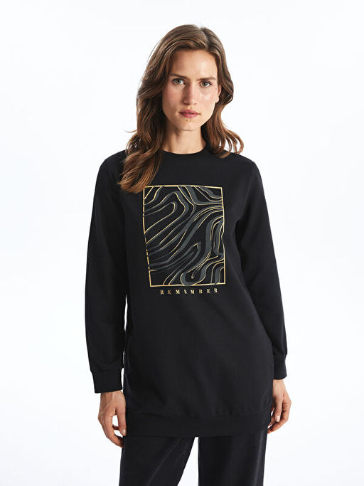 Bisiklet Yaka Bask?l? Kad?n Sweatshirt Tunik