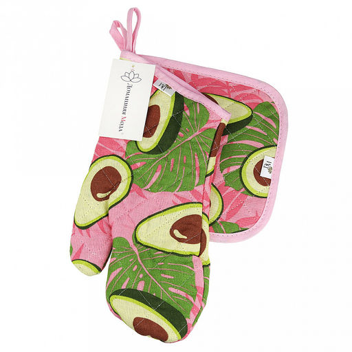 Кухонный комплект "Авокадо, вид 7/1": прихватка-варежка 15х30см + прихватка 20х20см, рогожка 171г/м2, хлопок 100%, наполнитель - ватин 280г/м2, на пластмассовом подвесе, "Домашняя мода" (Россия)