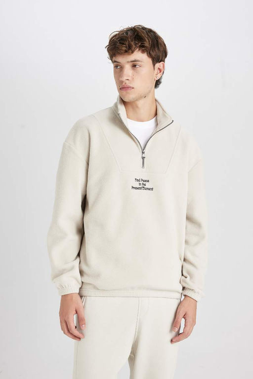 Флисовый свитшот с принтом и воротником-стойкой Comfort Regular Fit - Defacto фото 4