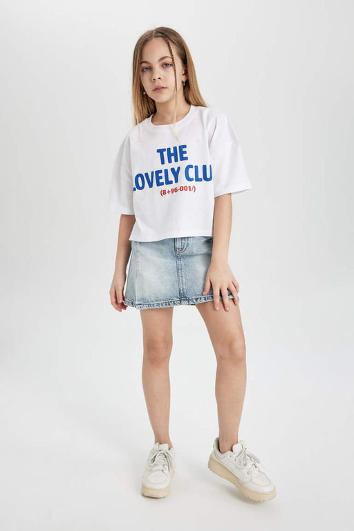 Укороченная футболка с короткими рукавами и принтом для девочек - Defacto фото 2