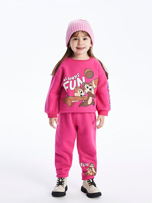 Bisiklet Yaka Chipn Dale Bask?l? Uzun Kollu K?z Bebek Sweatshirt ve E?ofman Alt? 2li Tak?m - Waikiki фото 2