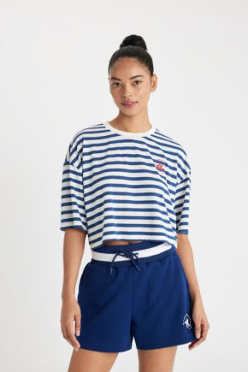 DeFactoFit Crop Bisiklet Yaka Cizgili Sporcu K?sa Kollu Tisort
