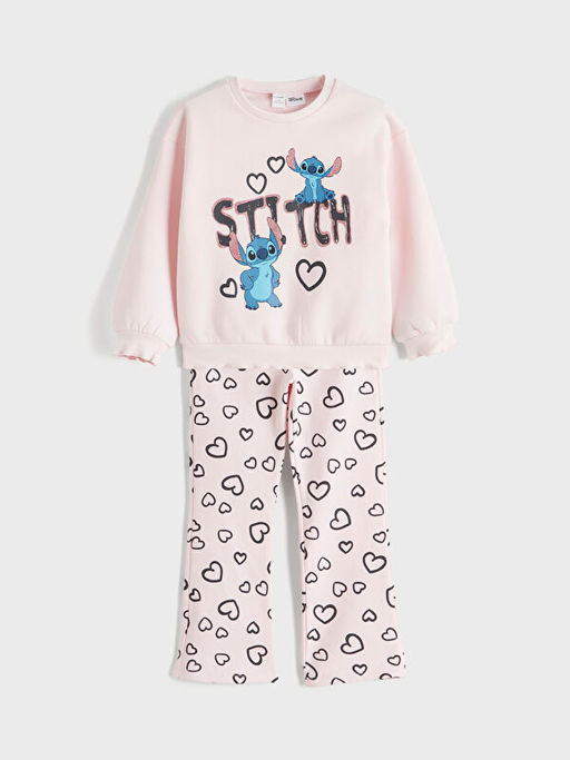 Stitch Bask?l? K?z ?ocuk Sweatshirt ve Tayt