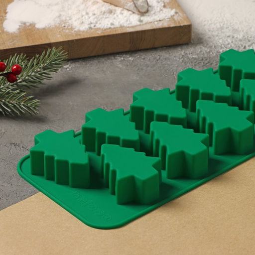 Форма для выпечки новогодняя Доляна Ёлочка, силикон, 32.5?11.5 см, 12 ячеек, зелёная  фото 3