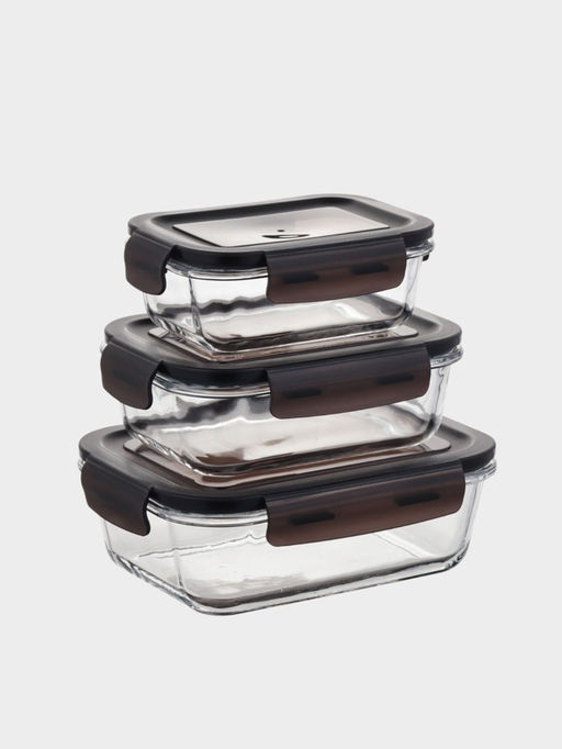 Набор контейнеров, 3 шт.: 410/690/1040 мл, стекло, прозрачный, черная крышка