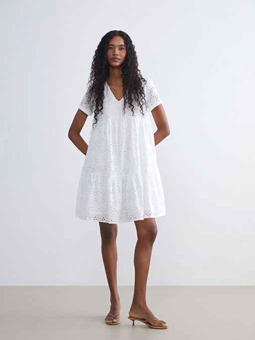 V Yaka Ajurlu Katkat B?zg?l? Brode Elbise