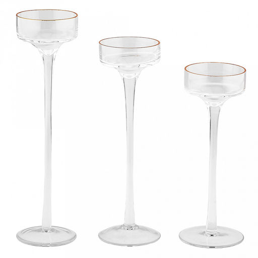 Подсвечник стеклянный "Дейзи" набор 3 штуки: h26,2см, h23см, h20см; чаша д7см, h4,5см, основание д7,5см, золотая отводка, длинная ножка, в коробке (Китай)