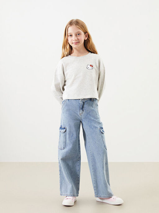 Bisiklet Yaka Hello Kitty Bask?l? K?z ?ocuk Sweatshirt