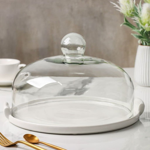 Блюдо для подачи с клош крышкой Valencia, 31×28×19 см, керамика, стекло, белое