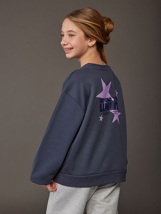 Bisiklet Yaka Bask?l? K?z ?ocuk Kal?n Sweatshirt