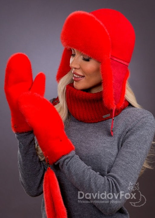 Комплект ушанка трикотаж норка алая, варежки