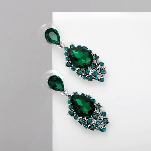 Серьги со стразами Карнавал шик, зелёные в чернёном серебре