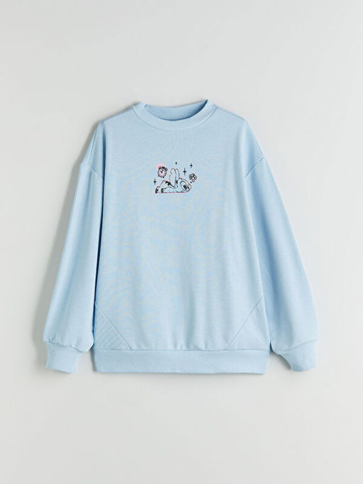 Bisiklet Yaka Stitch Bask?l? K?z ?ocuk Sweatshirt