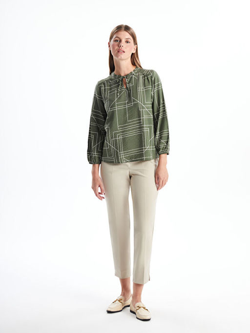 Ba?lamal? Yaka Desenli Uzun Kollu Kad?n Bluz