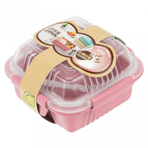 Ланч-бокс для продуктов пластмассовый Эко дом 0,55л, 14х14см h8,5см, с ложкой 13см, крышка прозрачная, с клипсами, с уплотнителем, цвета в ассортименте: бежевый, розовый, голубой (Китай) Пластик с добавлением пшеничных волокон. - Домашняя мода фото 7