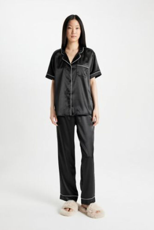 Fall in Love Saten Pijama Tak?m? K?sa Kollu Ust Uzun Alt