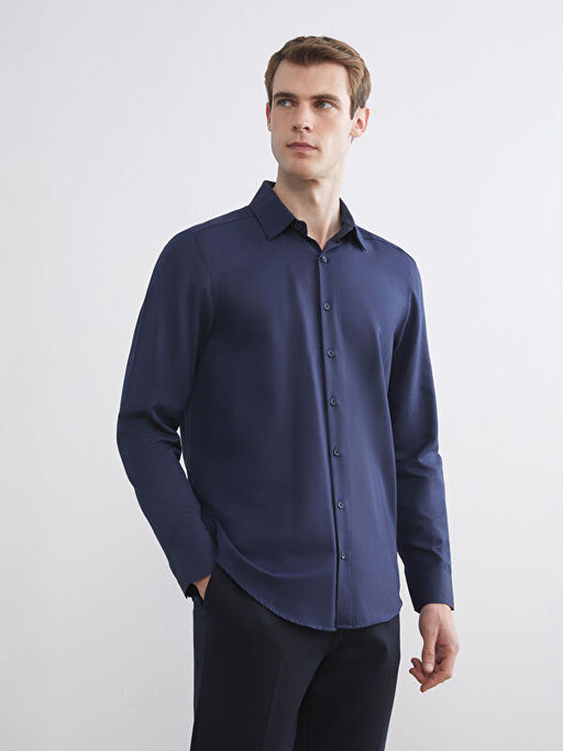 ?nden D??me Kapamal? D?z Uzun Kollu Erkek G?mlek