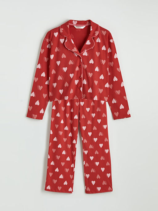 G?mlek Yaka Kalp Desenli Kad?n Pijama Tak?m?