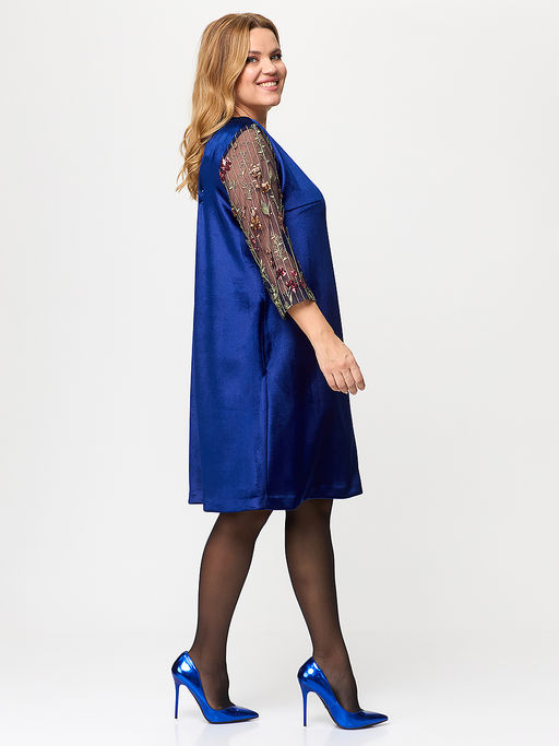 Платье из синего бархата с вышивкой на рукавах - Almond фото 2
