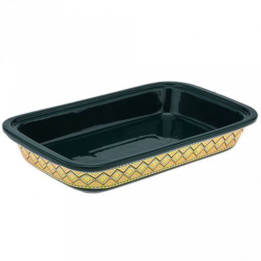 "Мармит Изумруд" Форма для запекания 1,7л, прямоугольная, 34,2х20,5см h5,8см, керамика с деколью, цвет - изумруд, стеклянная крышка с пароотводом, пластмассовая ручка-кнопка "мишка", металическая подставка с ручками, с подогревом на 2 свечи 41х20,3х1