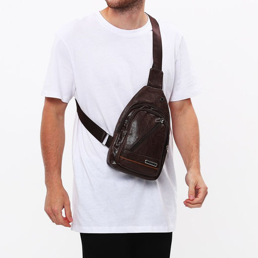 Сумка слинг мужская, искусственная кожа, отверстие для наушников, цвет коричневый - Simaland фото 6