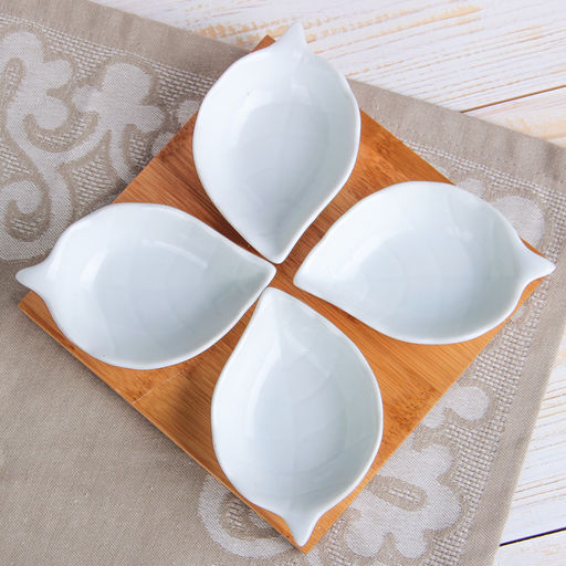 Соусники на деревянной подставке «Эстет. Лист», 50 мл, набор 4 шт., керамика, белые