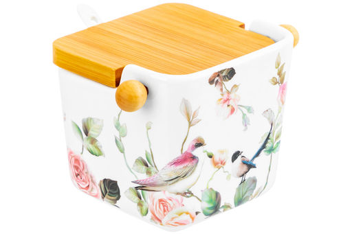 Банка д/сыпучих продуктов 250 мл 12*9,5*9 см Певчие птички+ложка+откидная бамбук.крыш (без золота) - Elan gallery фото 17