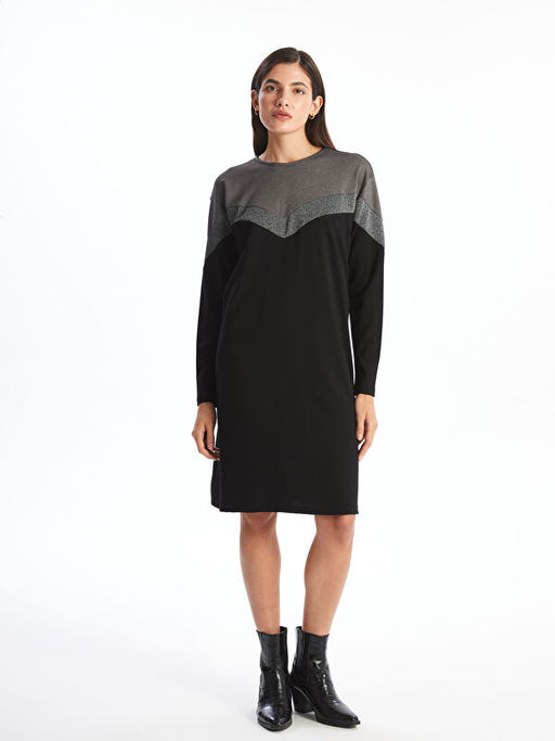 Bisiklet Yaka Renk Bloklu Elbise