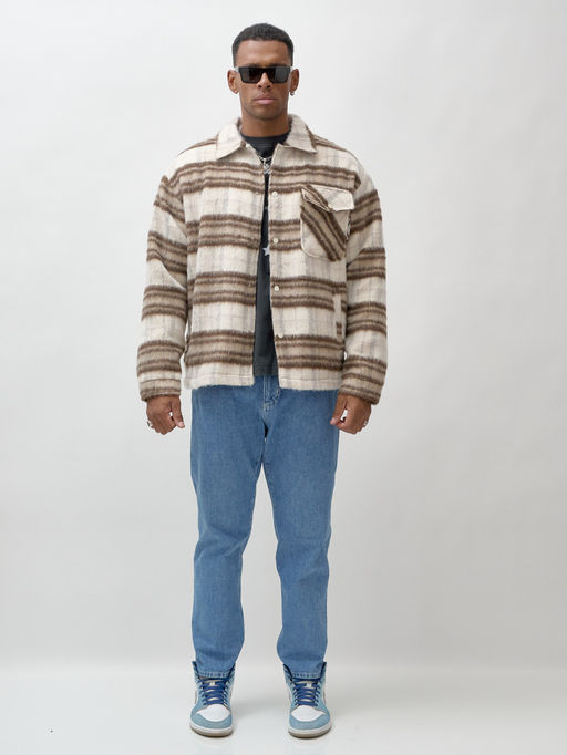 Куртка рубашка шерстяная в клетку мужская демисезонная коричневого цвета 58565K