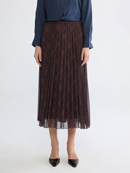 Beli Lastikli Ekose Desenli Pileli Etek