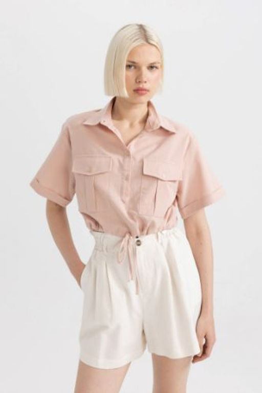 Crop Gomlek Yaka Keten Kar?s?ml? K?sa Kollu Bluz