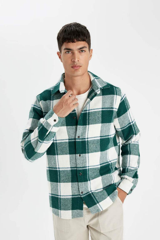 Фланелевая рубашка стандартного кроя с воротником поло и длинными рукавами в клетку - Defacto фото 3