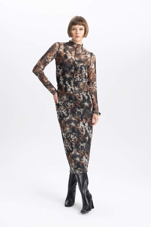 Футболка приталенного кроя с полуводолазкой и длинными рукавами из тюля - Defacto фото 2