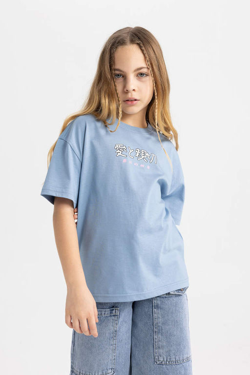 Футболка с короткими рукавами и принтом для девочек Relax Fit - Defacto фото 4