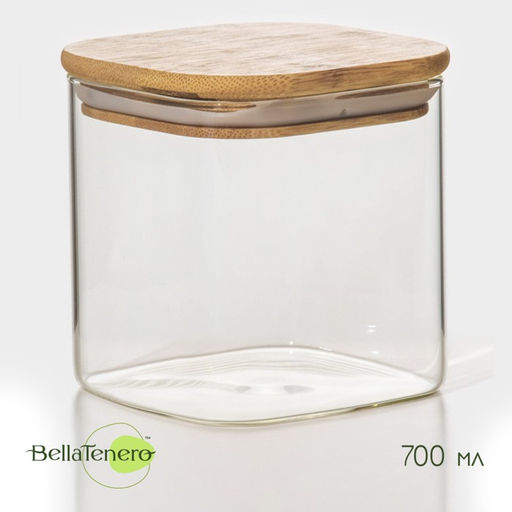 Банка для сыпучих продуктов BellaTenero «Эко. Квадратная», 700 мл, 10×10.5 см, с бамбуковой крышкой, стекло