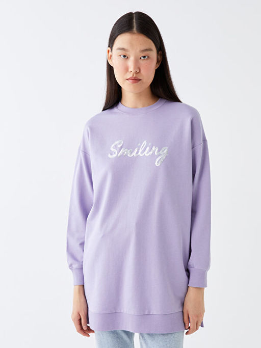 Bisiklet Yaka Bask?l? Uzun Kollu Oversize Kad?n Sweatshirt Tunik