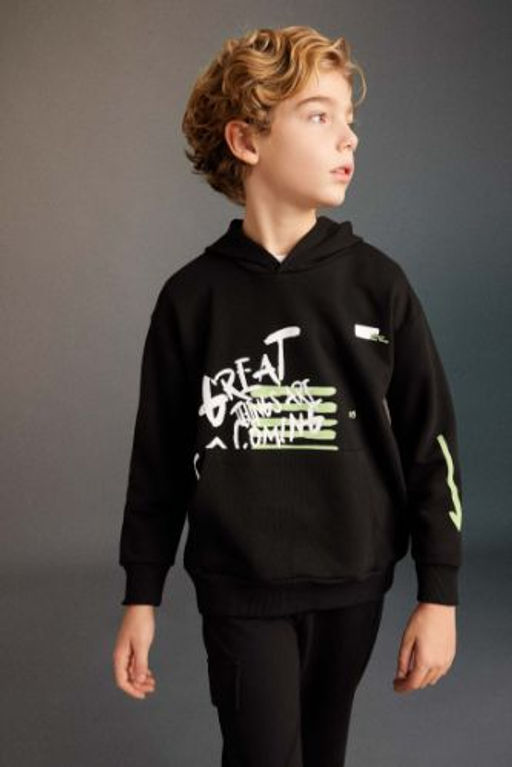 Erkek Cocuk Oversize Genis Kal?p Kapusonlu Bask?l? Sweatshirt