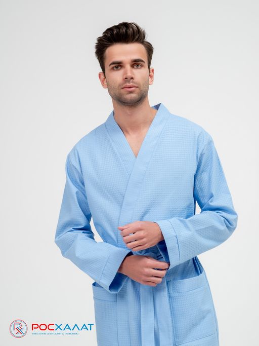 Мужской вафельный халат с планкой голубой В-03 (2)